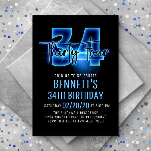 Blue Neon 34e anniversaire Invitation