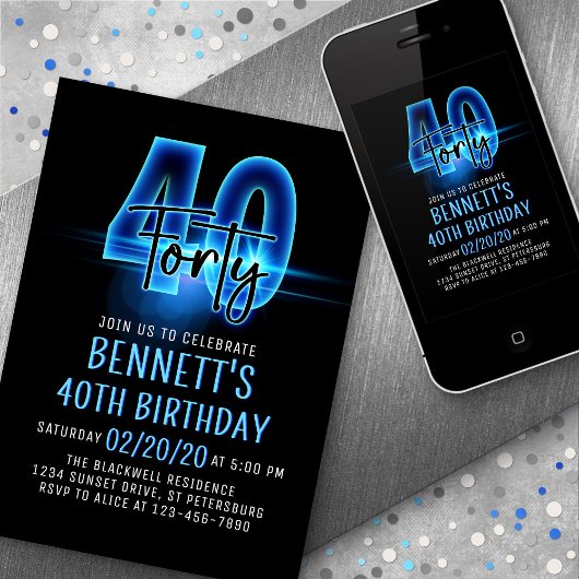 Blue Neon 40e anniversaire Invitation