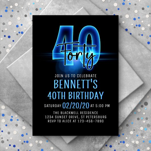 Blue Neon 40e anniversaire Invitation