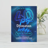 Blue Neon 40th Birthday Party Invitation Card (Debout devant)