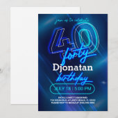 Blue Neon 40th Birthday Party Invitation Card (Devant / Derrière)