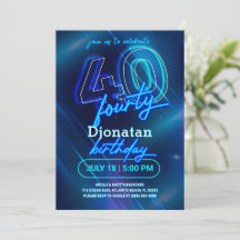 Blue Neon 40th Birthday Party Invitation Kaart