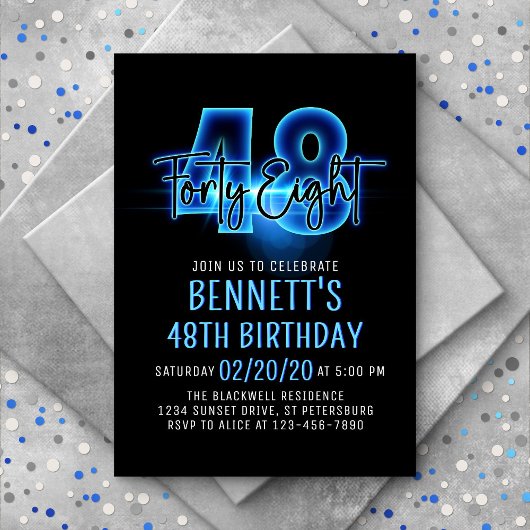Blue Neon 48e anniversaire Invitation