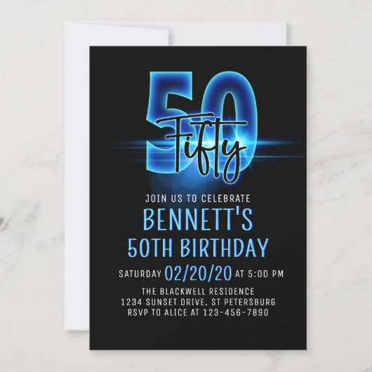 Blue Neon 50e anniversaire Invitation (Devant)