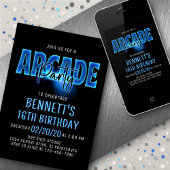 Blue Neon Arcade Party Anniversaire Invitation