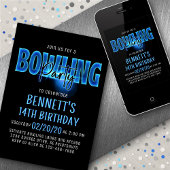 Blue Neon Bowling Party Anniversaire Invitation