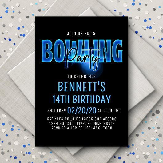 Blue Neon Bowling Party Anniversaire Invitation
