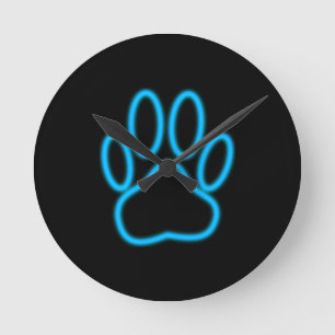 Blue Neon Dog Paw Print Ronde Klok