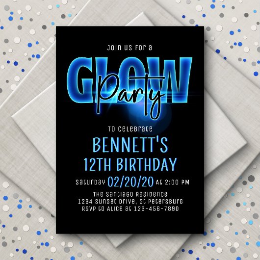 Blue Neon Glow Party Anniversaire Invitation