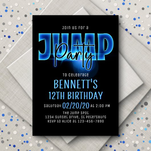 Blue Neon Jump Party Anniversaire Invitation