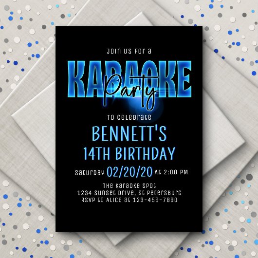 Blue Neon Karaoke Party Anniversaire Invitation