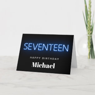 Blue Neon Lights Carte personnalisée 17e anniversa