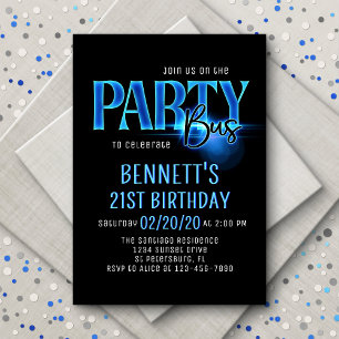 Blue Neon Party Bus Uitnodiging voor verjaardag