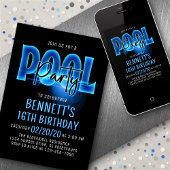 Blue Neon Pool Party Anniversaire Invitation