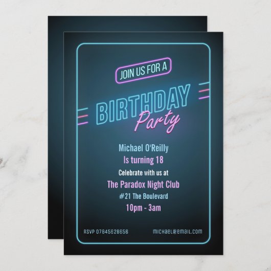Blue Neon verjaardagsuitnodiging Kaart (Voorkant / Achterkant)