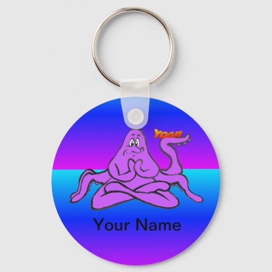 Blue Neon Yoga Octopus Cartoon Cust. Text Sleutelh Sleutelhanger (Voorkant)