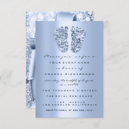 Blue New Baby Shower Feet Boy Glitter Uitnodiging (Voorkant / Achterkant)