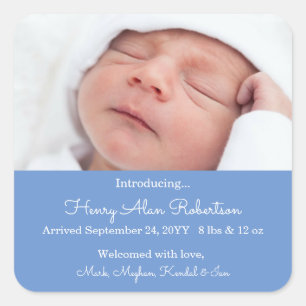 Blue Newborn Photo Birth Announcement Baby Boy Vierkante Sticker
