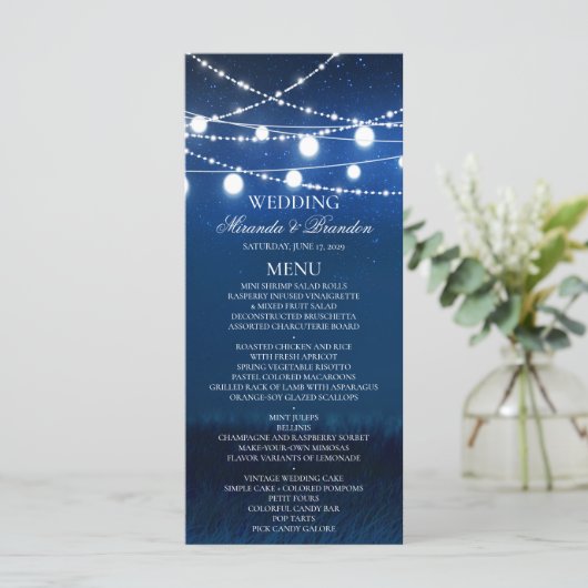 Blue Night and Silver Lights Wedding Menu Kaart (Staand voorkant)