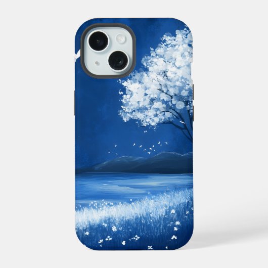 Blue Night Beach Mountain Scene iPhone 15 Hoesje (Achterkant)