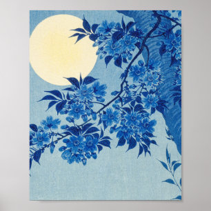 Blue Night Moon Cherry Tree Japans Poster