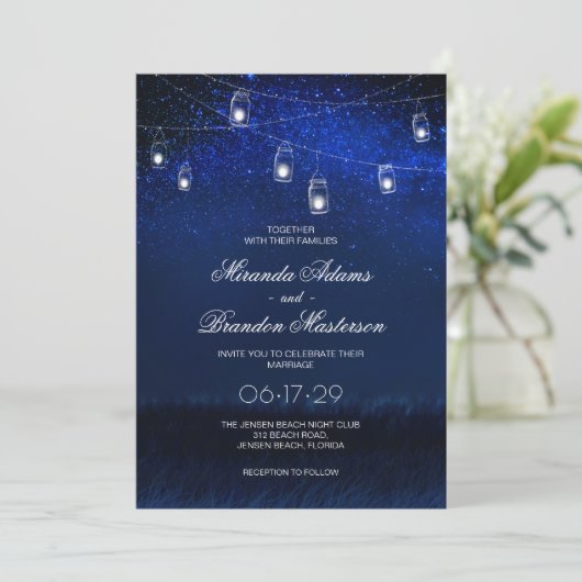 Blue Night Silver Mason Jar String Lights Wedding Kaart (Staand voorkant)