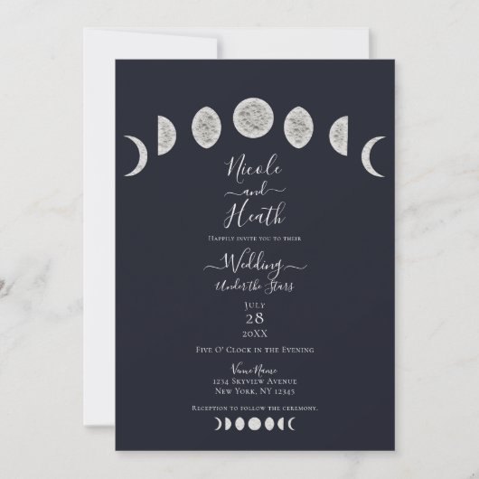 Blue Night Sky Moon Phases Evening Wedding Kaart (Voorkant)