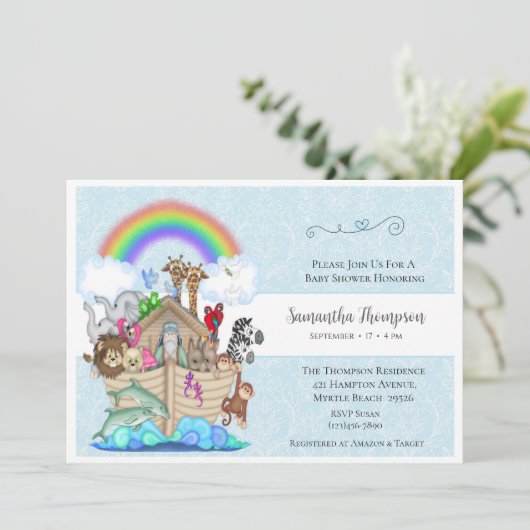 Blue Noah's Ark Baby shower Uitnodiging (Staand voorkant)