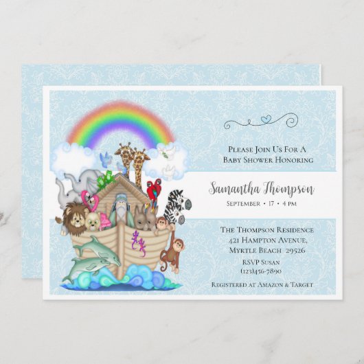 Blue Noah's Ark Baby shower Uitnodiging (Voorkant / Achterkant)