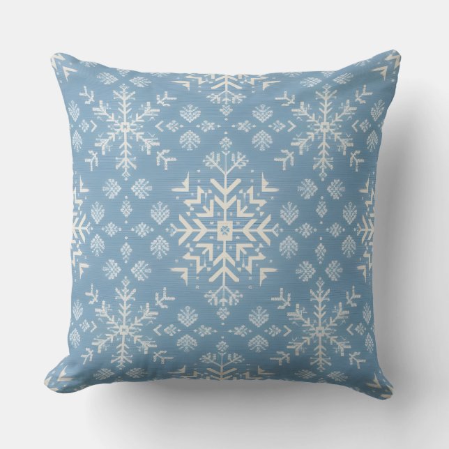 Blue Nordic Snowflake Pattern Wintervakantie Kussen (Voorkant)