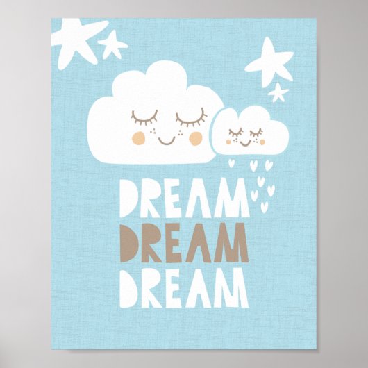 Blue Nursery Dream Clouds & Stars Wall Art Poster (Voorkant)