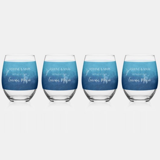 Blue Ocean Beach Bruiloft Aangepaste namen Wijnglas Zonder Voet (Voorkant)
