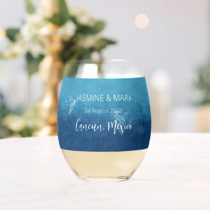 Blue Ocean Beach Bruiloft Aangepaste namen Wijnglas Zonder Voet