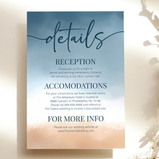 Blue Ocean Beach Shore Zand Bruiloft Details Informatiekaartje