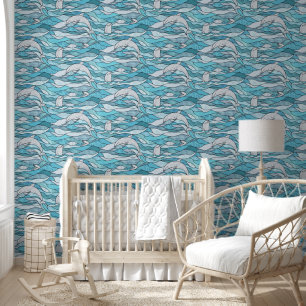 Blue Ocean Glas in lood Dolphins Behang