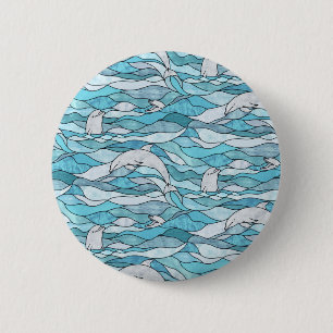 Blue Ocean Glas in lood Dolphins Ronde Button 5,7 Cm