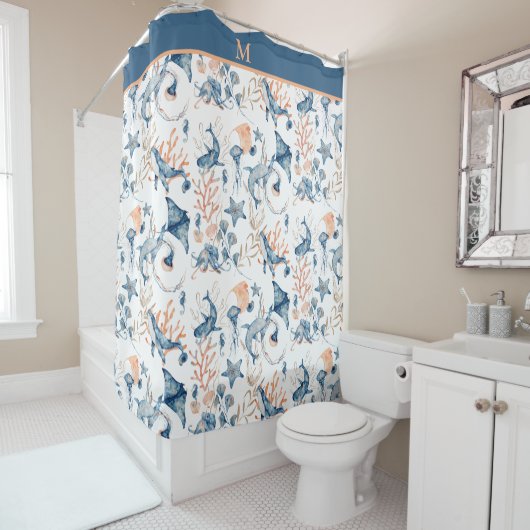 Blue Ocean Pattern Monogram Douchegordijn (In situ)