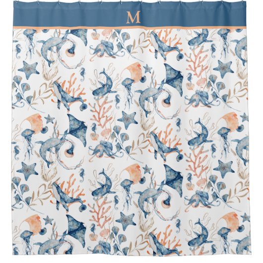 Blue Ocean Pattern Monogram Douchegordijn (Voorkant)