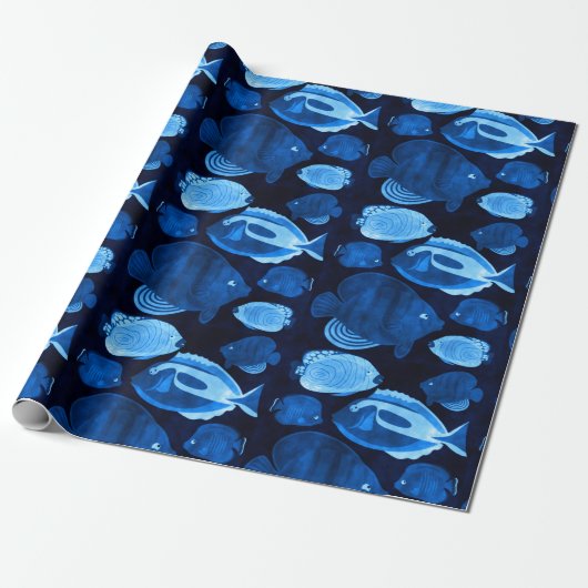 Blue Ocean Reef Fish Pattern Waterverf Cadeaupapier (Uitgerold)