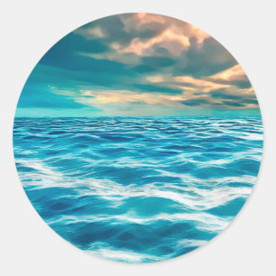 Blue Ocean Seascape Cloudy Sky Digital Painting Ronde Sticker
