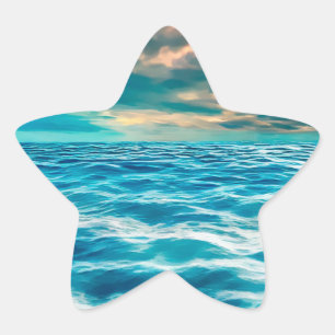 Blue Ocean Seascape Cloudy Sky Digital Painting Ster Sticker