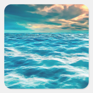 Blue Ocean Seascape Cloudy Sky Digital Painting Vierkante Sticker