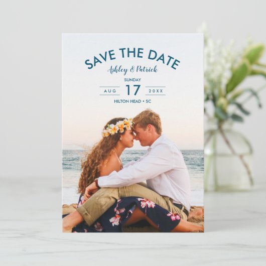 Blue Ocean Seaside Beach Bruiloft Save The Date Kaart (Staand voorkant)