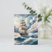 Blue Ocean Wave Boat Waterverf Briefkaart (Staand voorkant)