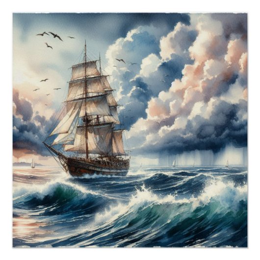 Blue Ocean Wave Boat Waterverf Perfect Poster (Voorkant)