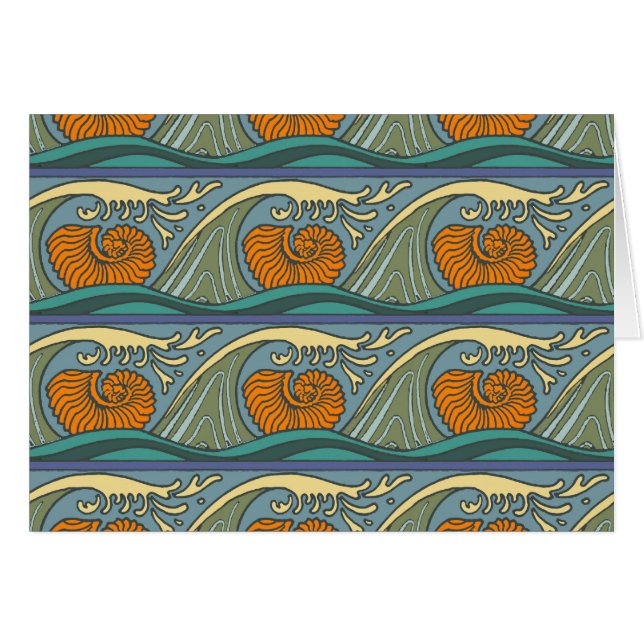 Blue Ocean Waves Nautilus Seashell Motif Nouveau (Devant horizontal)