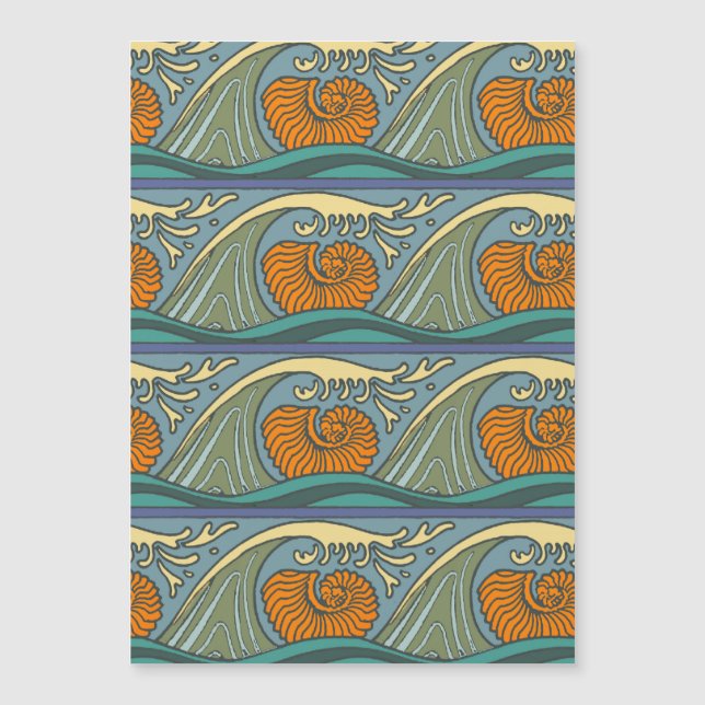 Blue Ocean Waves Nautilus Seashell Patroon Nouveau (Voorkant)