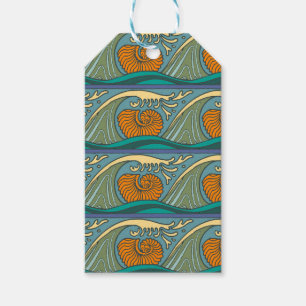 Blue Ocean Waves Nautilus Seashell Patroon Nouveau Cadeaulabel