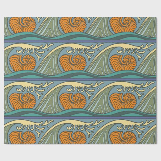 Blue Ocean Waves Nautilus Seashell Patroon Nouveau Cadeaupapier (Vlak)