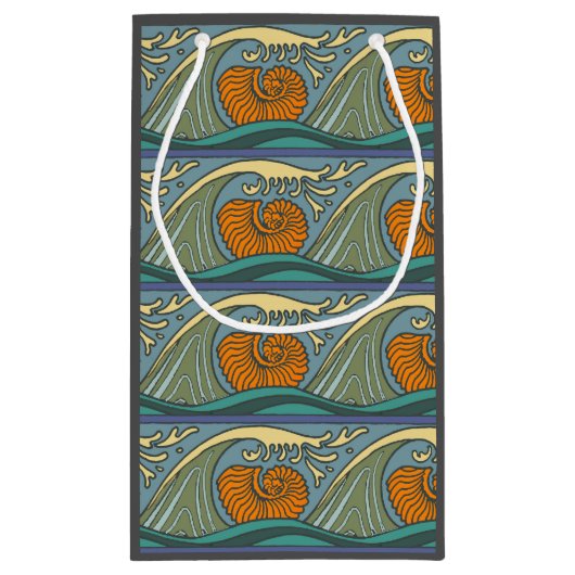 Blue Ocean Waves Nautilus Seashell Patroon Nouveau Klein Cadeauzakje (Achterkant)